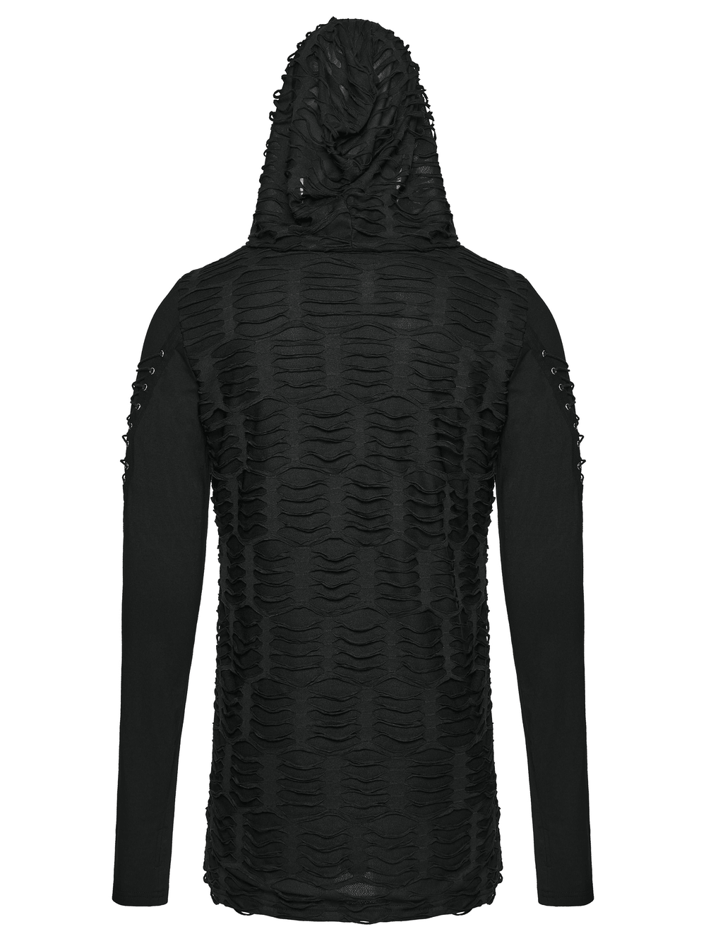 Men's Black Distressed Gothic Hooded Long-Sleeved Top
