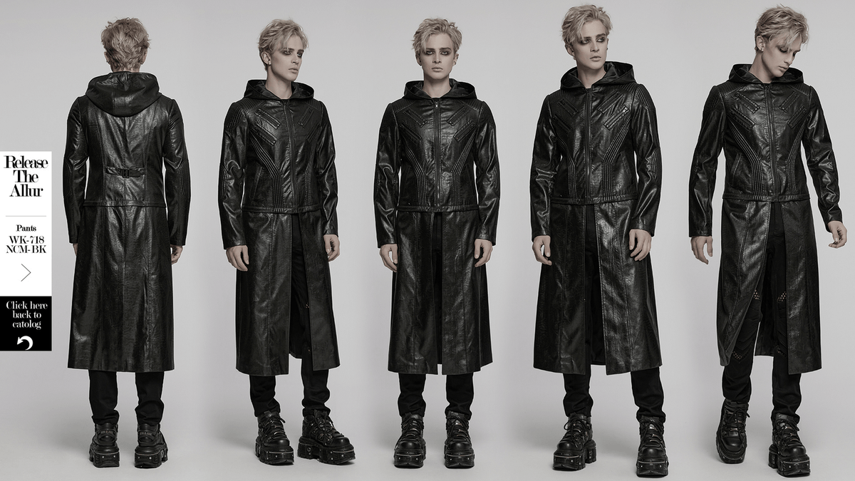 Men's Black Gothic Hooded Faux Leather Long Jacket