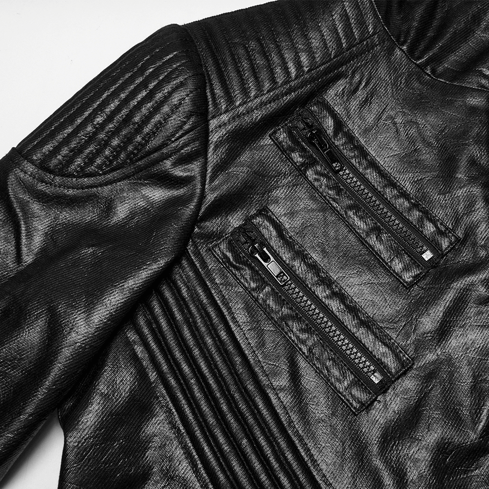 Men's Black Gothic Hooded Faux Leather Long Jacket