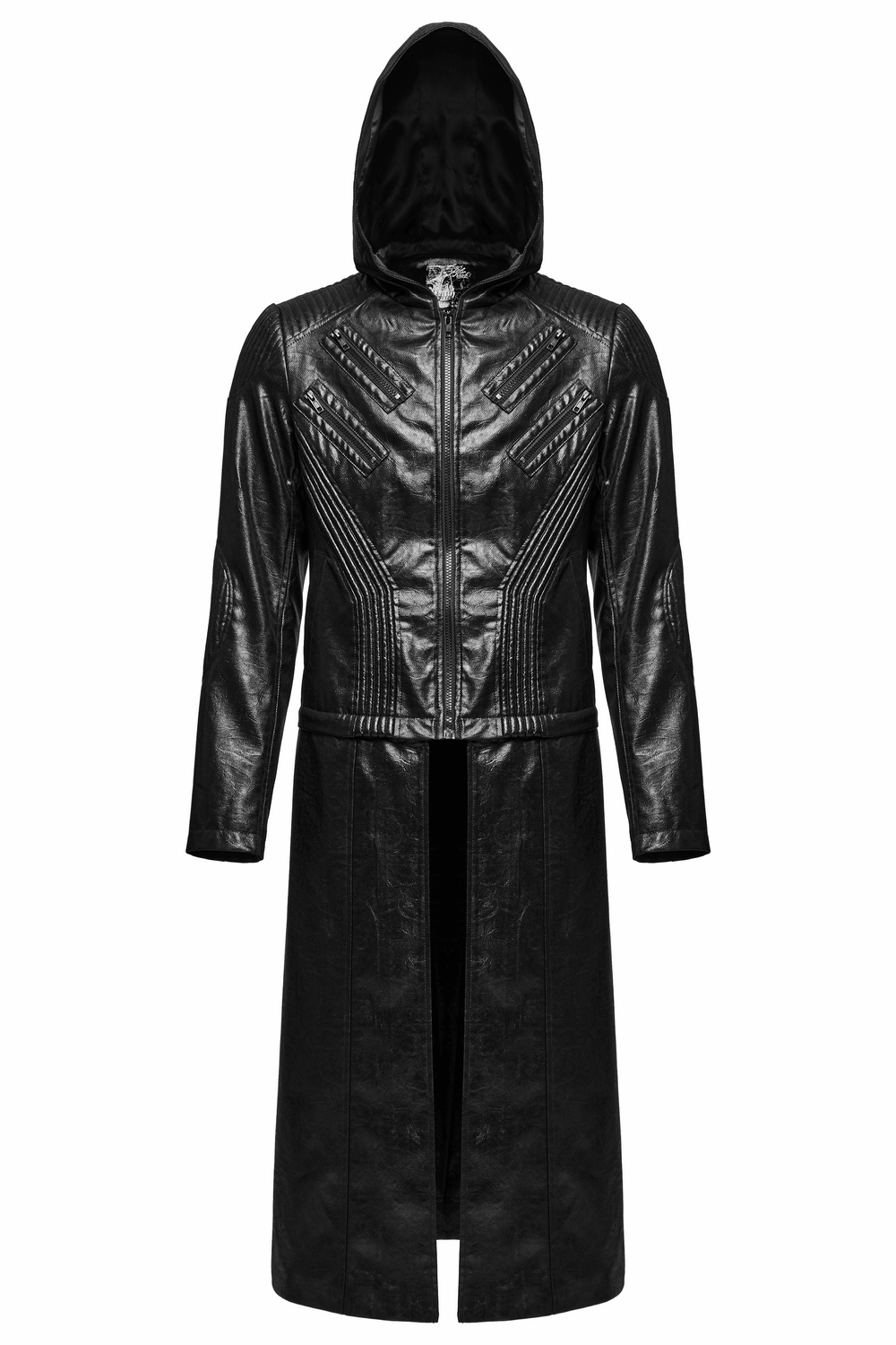Men's Black Gothic Hooded Faux Leather Long Jacket