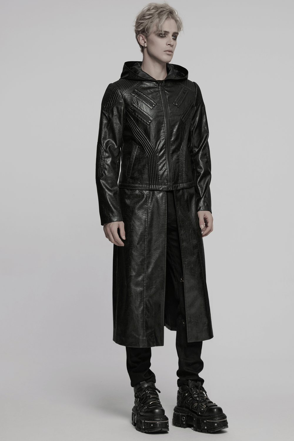 Men's Black Gothic Hooded Faux Leather Long Jacket