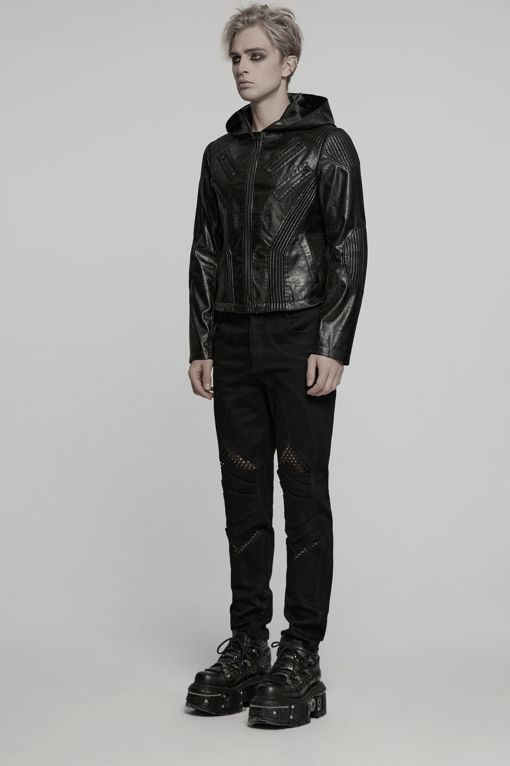 Men's Black Gothic Hooded Faux Leather Long Jacket