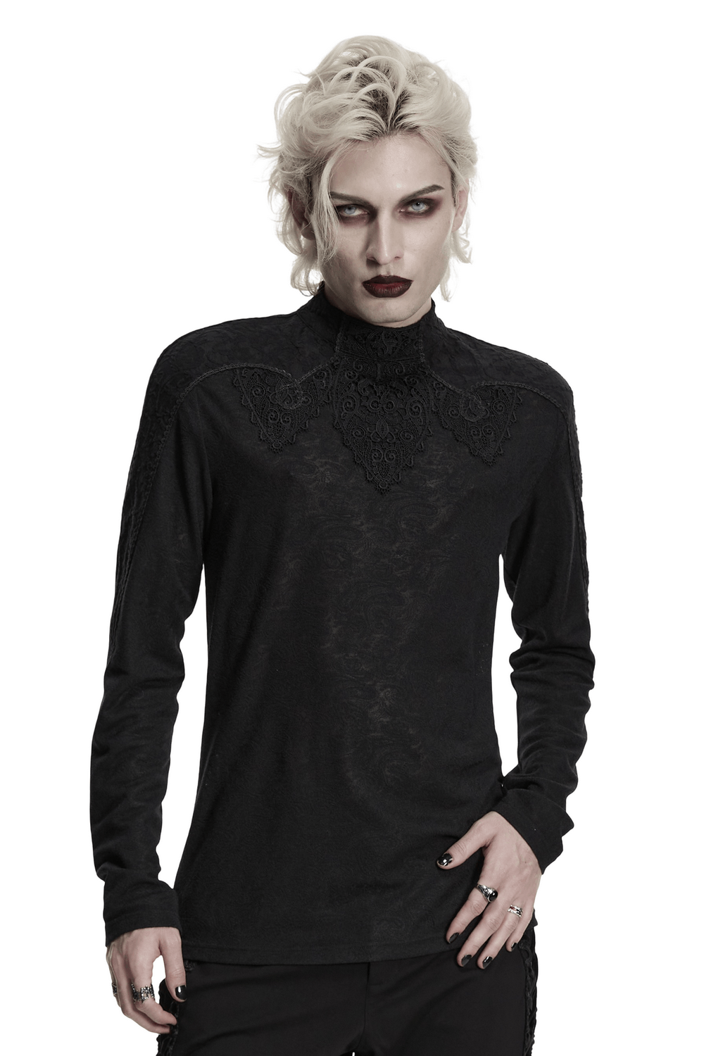 Men's Black Gothic Long-Sleeved Top with Lace Decal