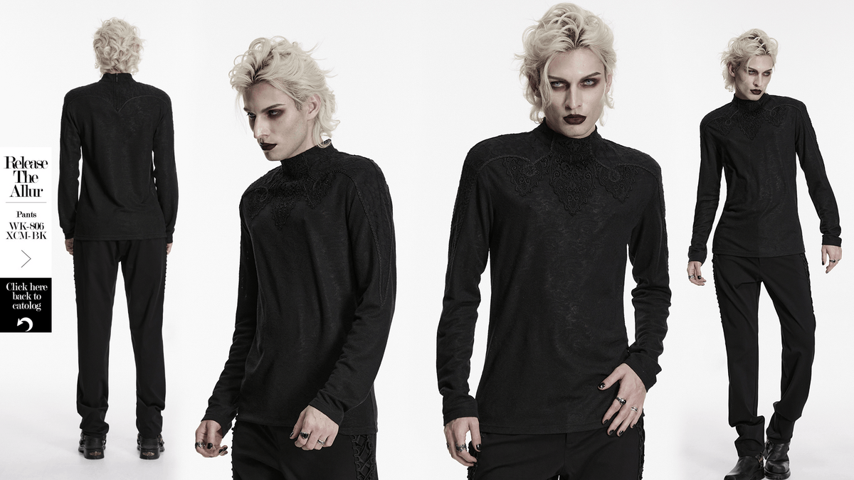 Men's Black Gothic Long-Sleeved Top with Lace Decal