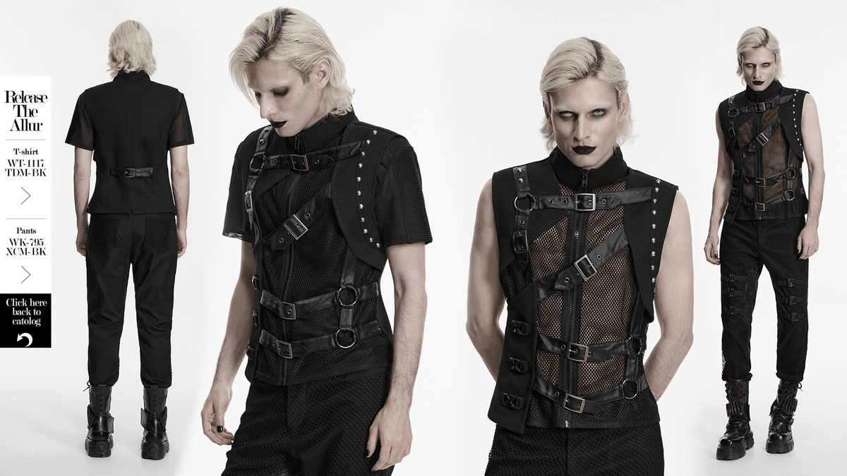 Men's Black Mesh Punk Vest with Buckle Straps