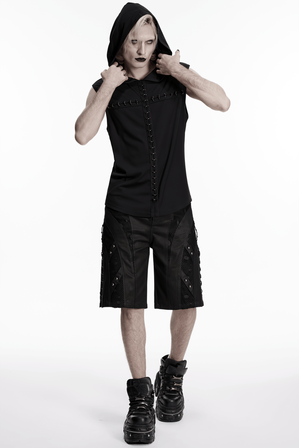 Men's Black Punk Mesh Panel Shorts with Studs