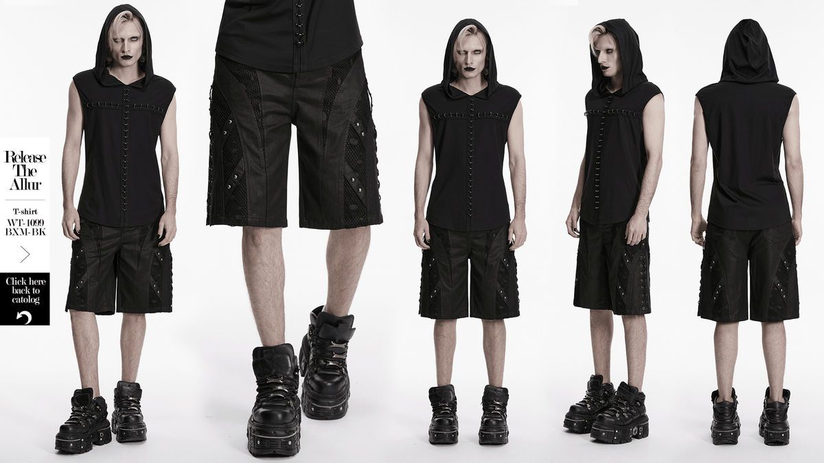 Men's Black Punk Mesh Panel Shorts with Studs