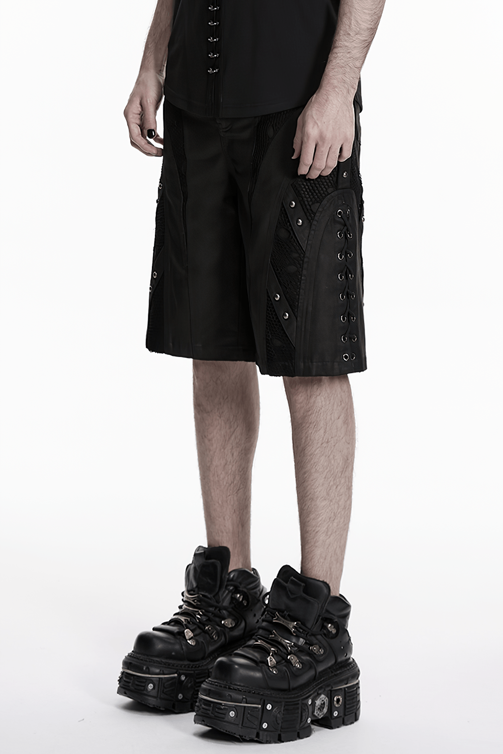 Men's Black Punk Mesh Panel Shorts with Studs