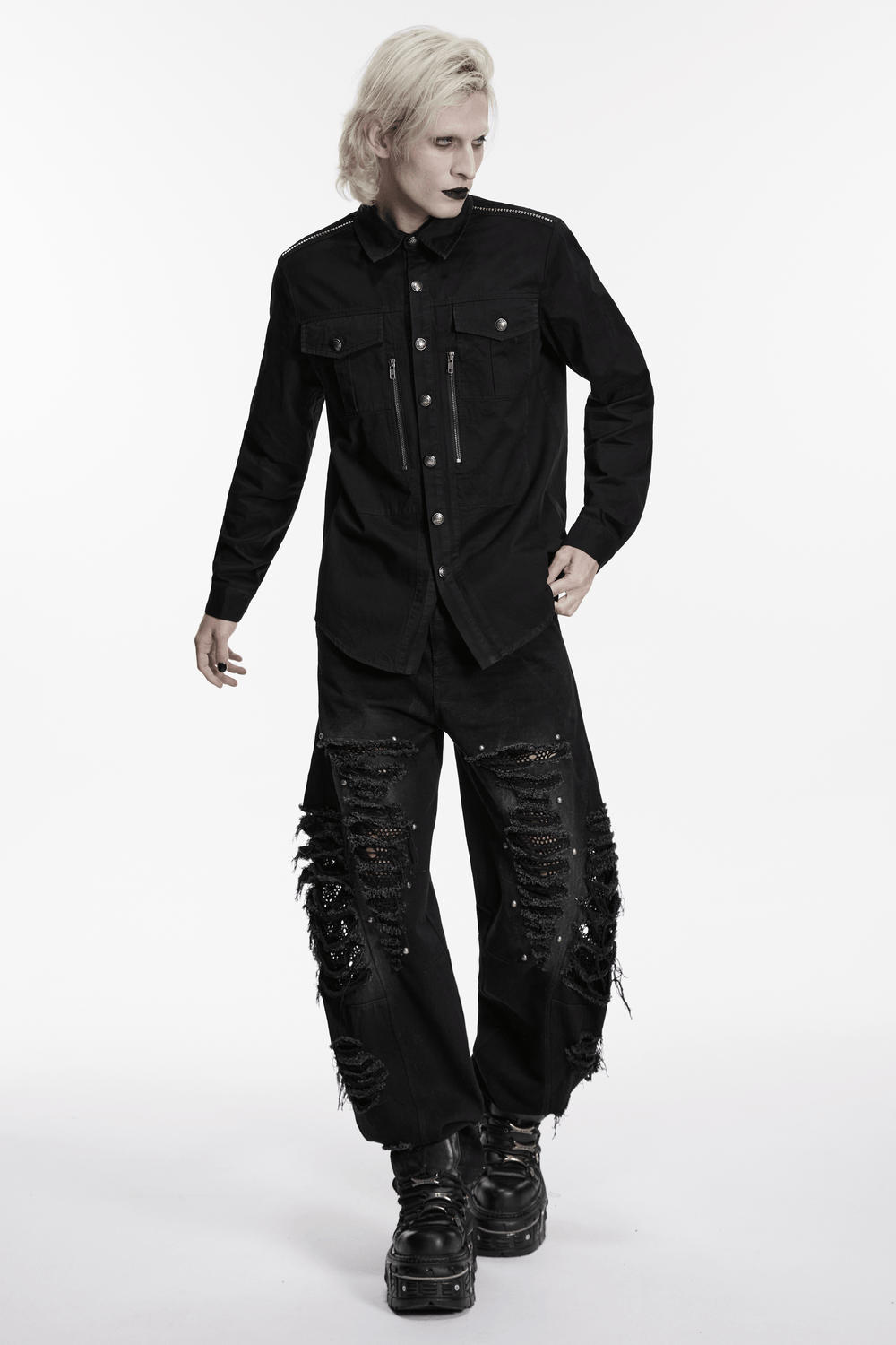 Men's Black Punk Workwear Shirt with Zip Pockets
