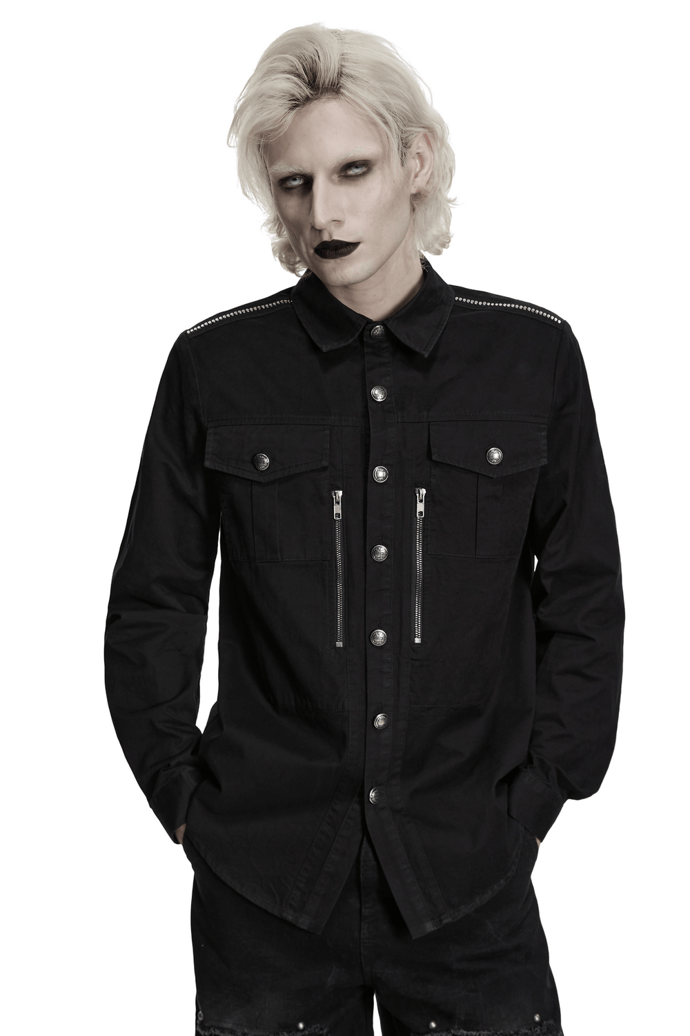 Men's Black Punk Workwear Shirt with Zip Pockets