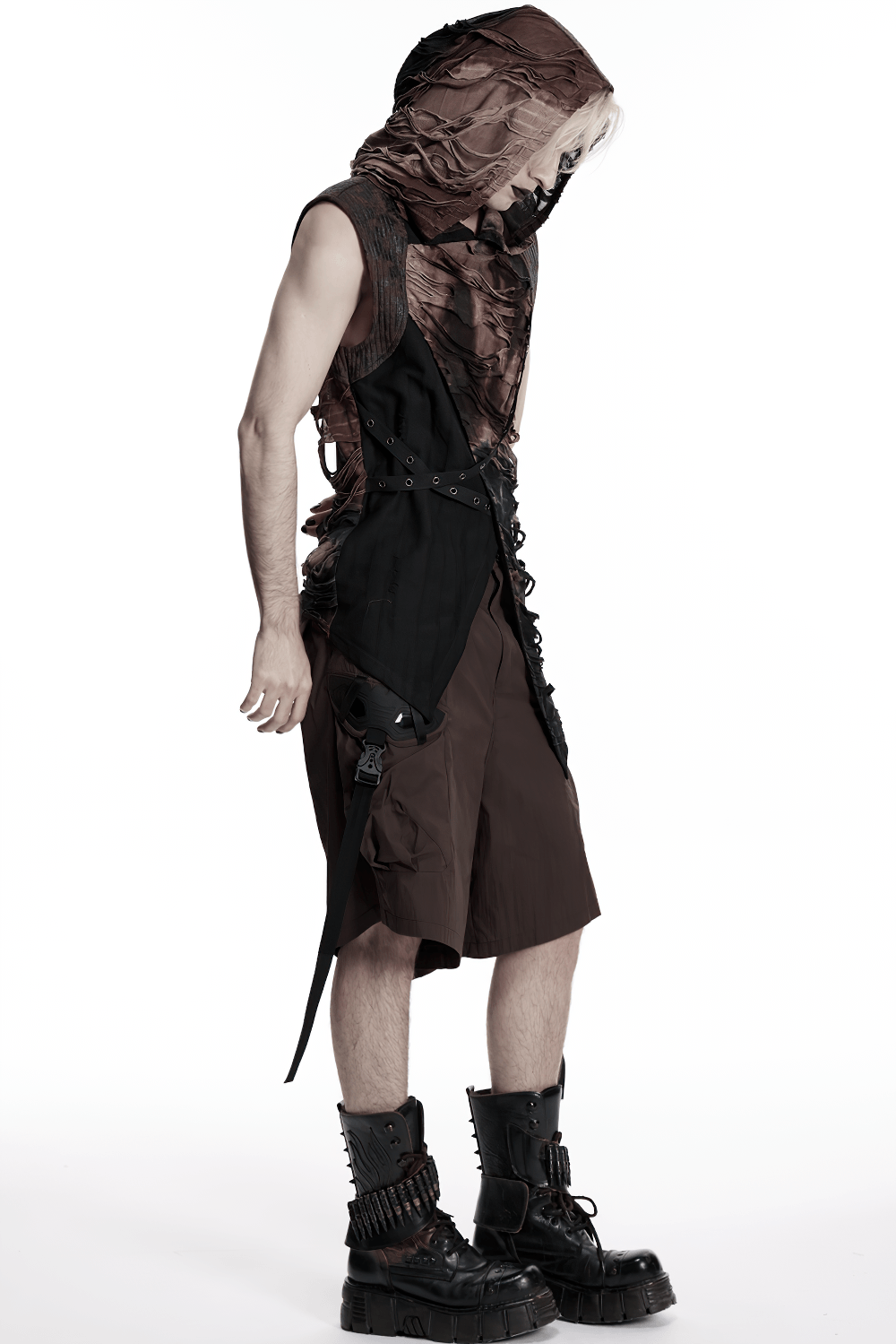 Men's Brown Post-Apocalyptic Hooded Asymmetric Sleeveless Top