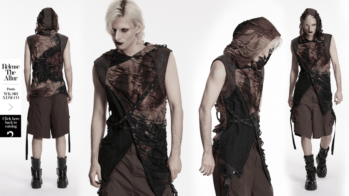 Men's Brown Post-Apocalyptic Hooded Asymmetric Sleeveless Top