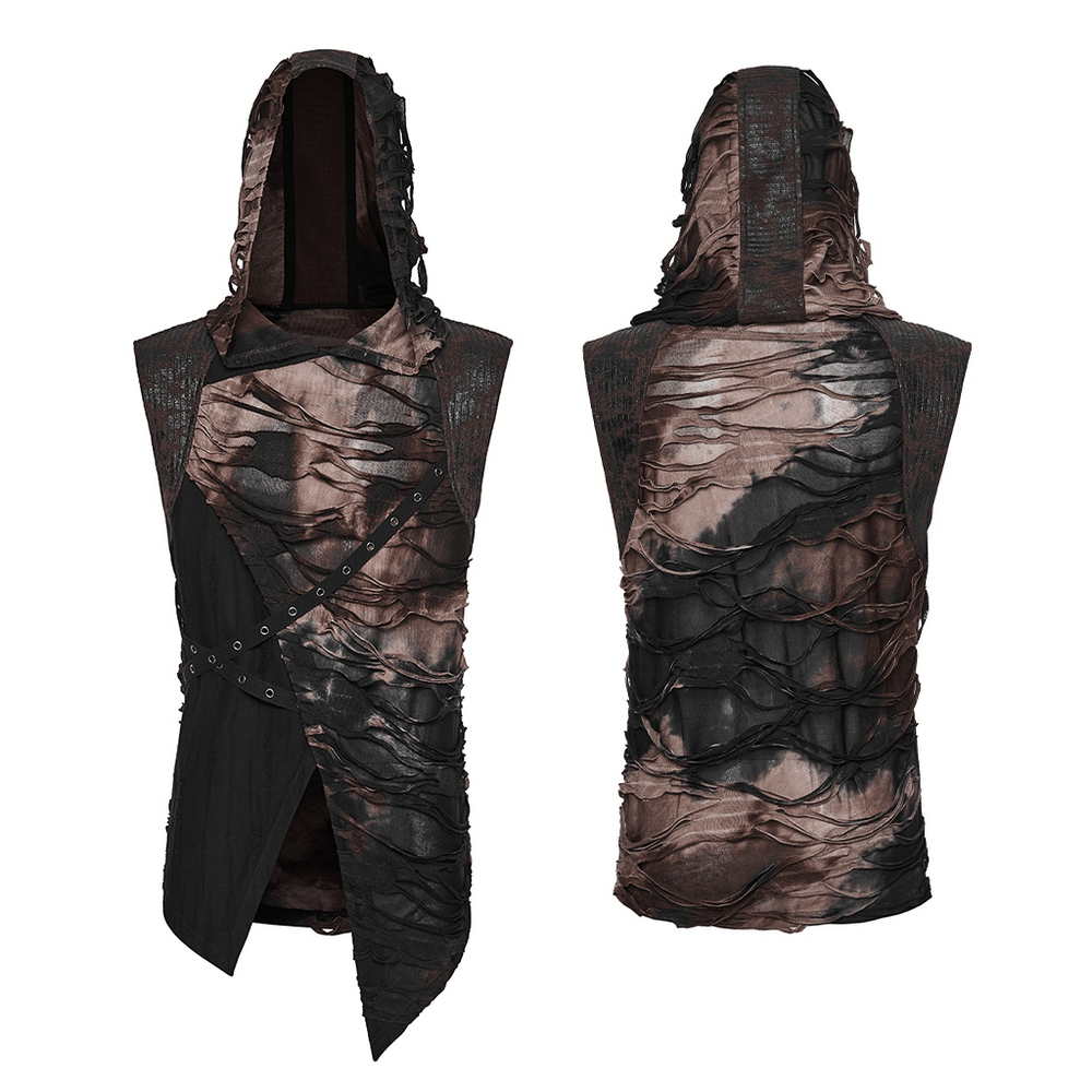 Men's Brown Post-Apocalyptic Hooded Asymmetric Sleeveless Top