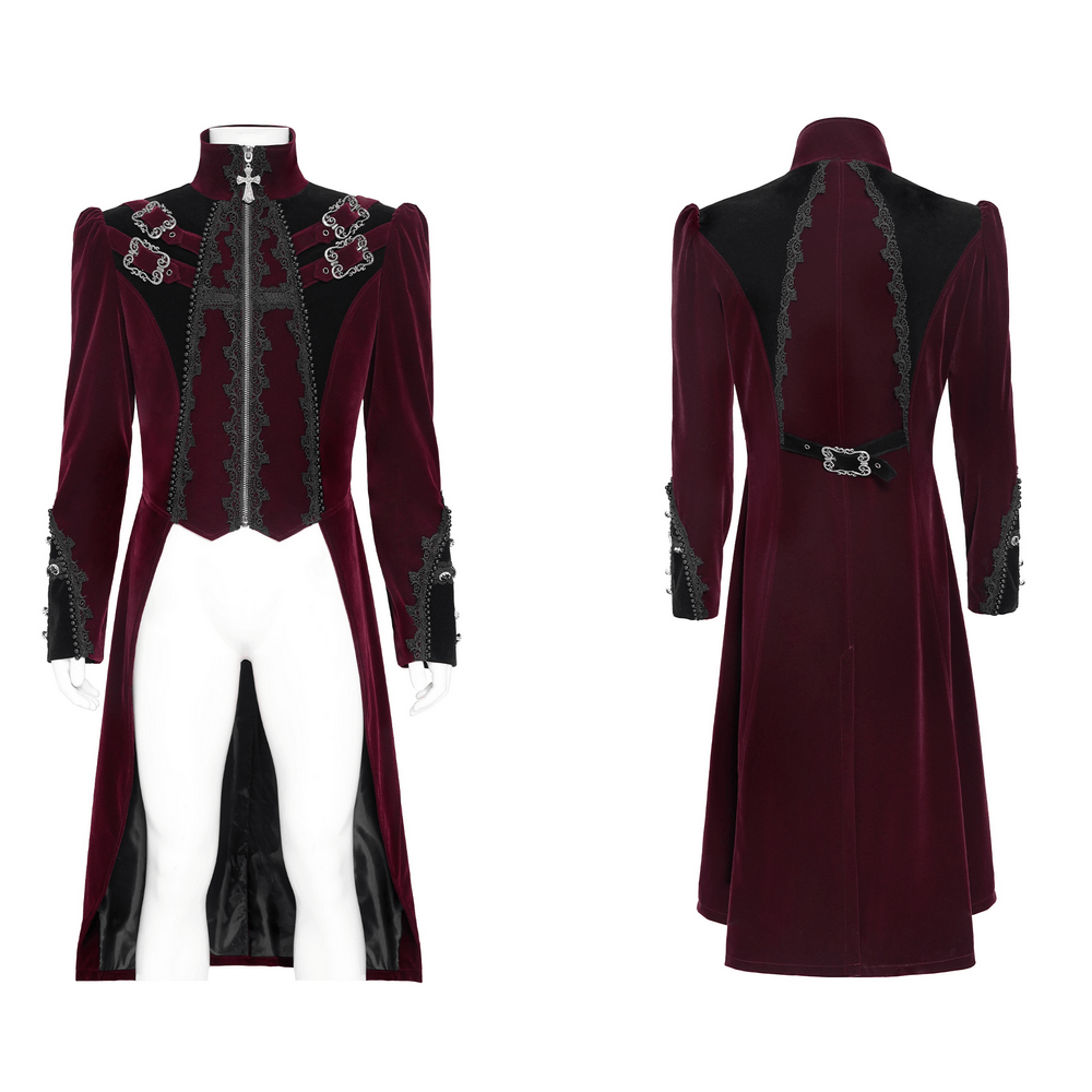 Men's Burgundy Gothic Velvet Tailcoat with Lace