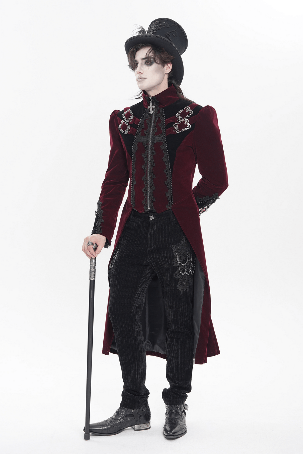 Men's Burgundy Gothic Velvet Tailcoat with Lace