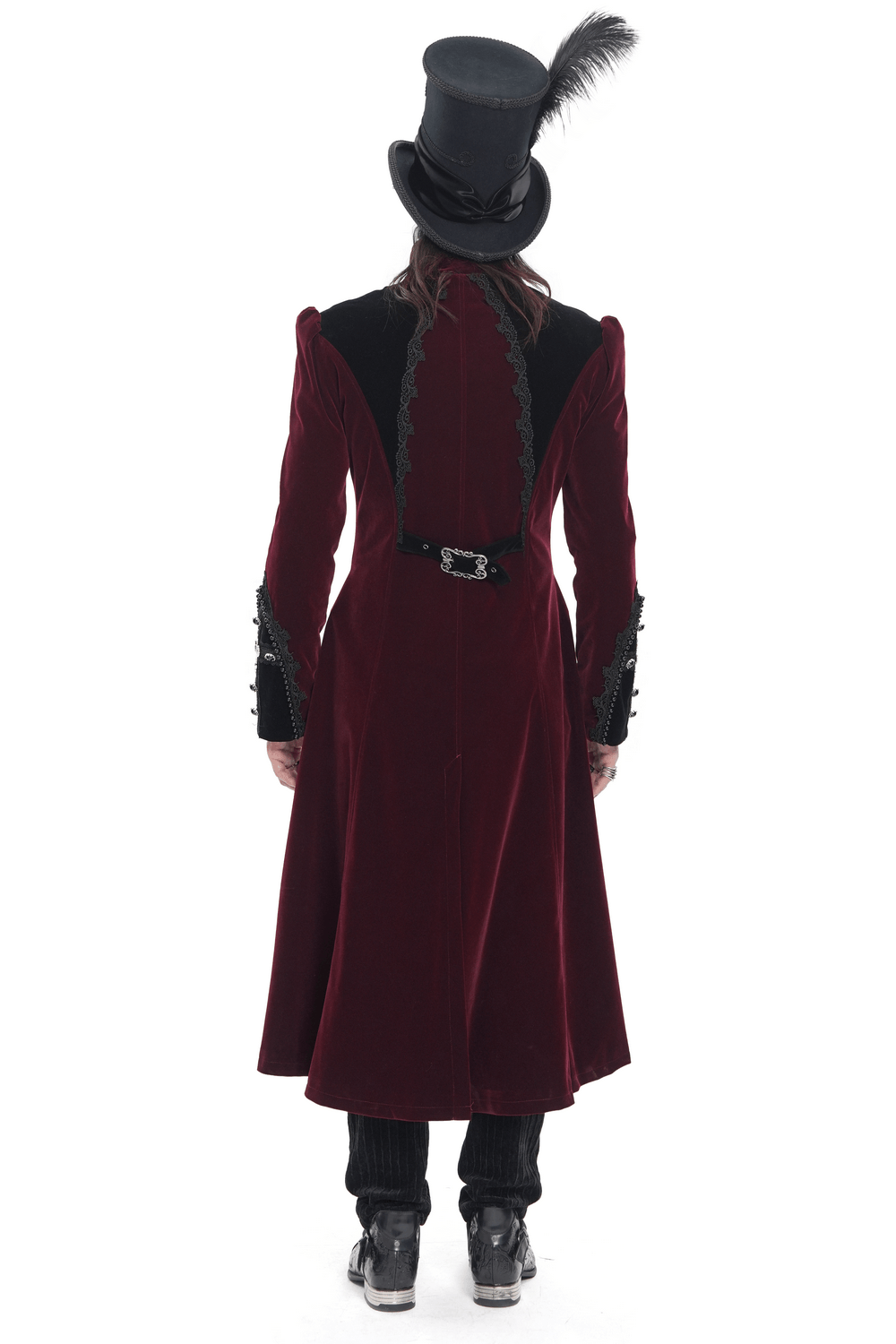 Men's Burgundy Gothic Velvet Tailcoat with Lace
