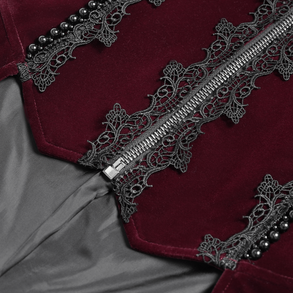 Men's Burgundy Gothic Velvet Tailcoat with Lace