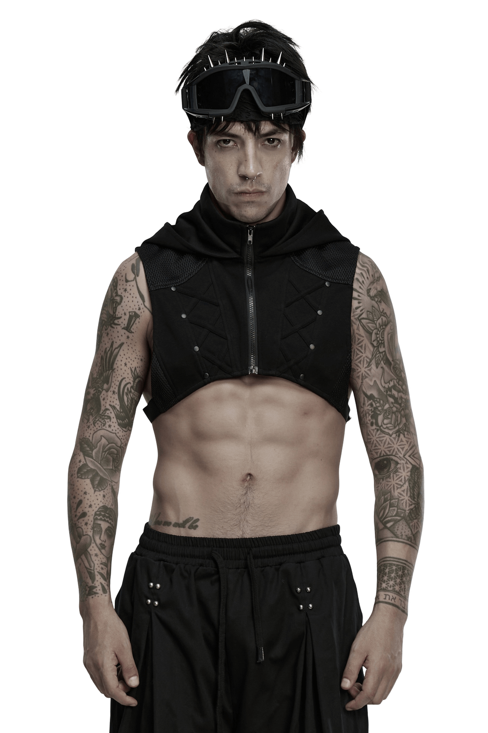 Men's Cyberpunk Hooded Mesh Vest with Spliced Panels