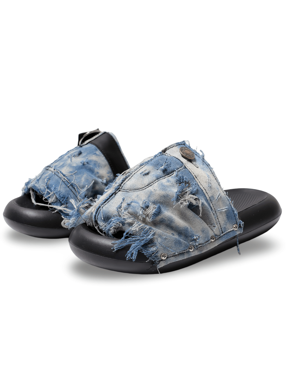 Men's Distressed Blue Denim Slide Sandals with Rivets