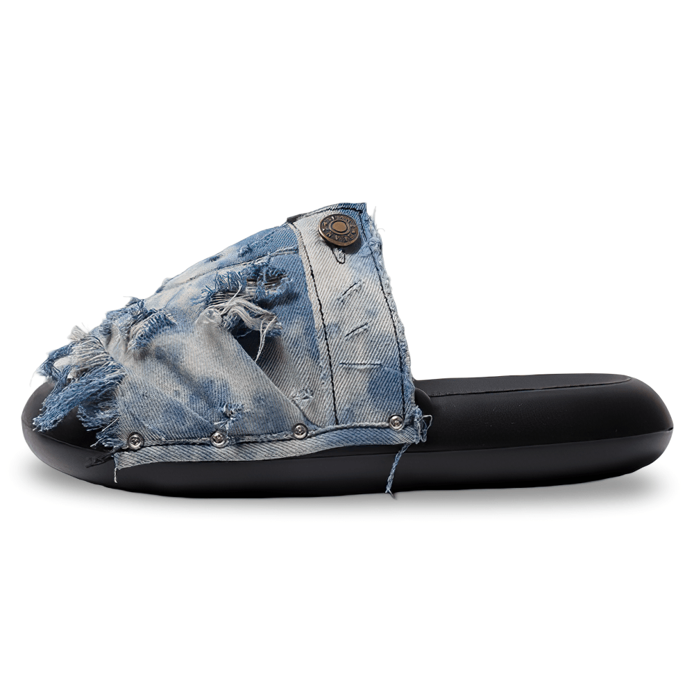 Men's Distressed Blue Denim Slide Sandals with Rivets