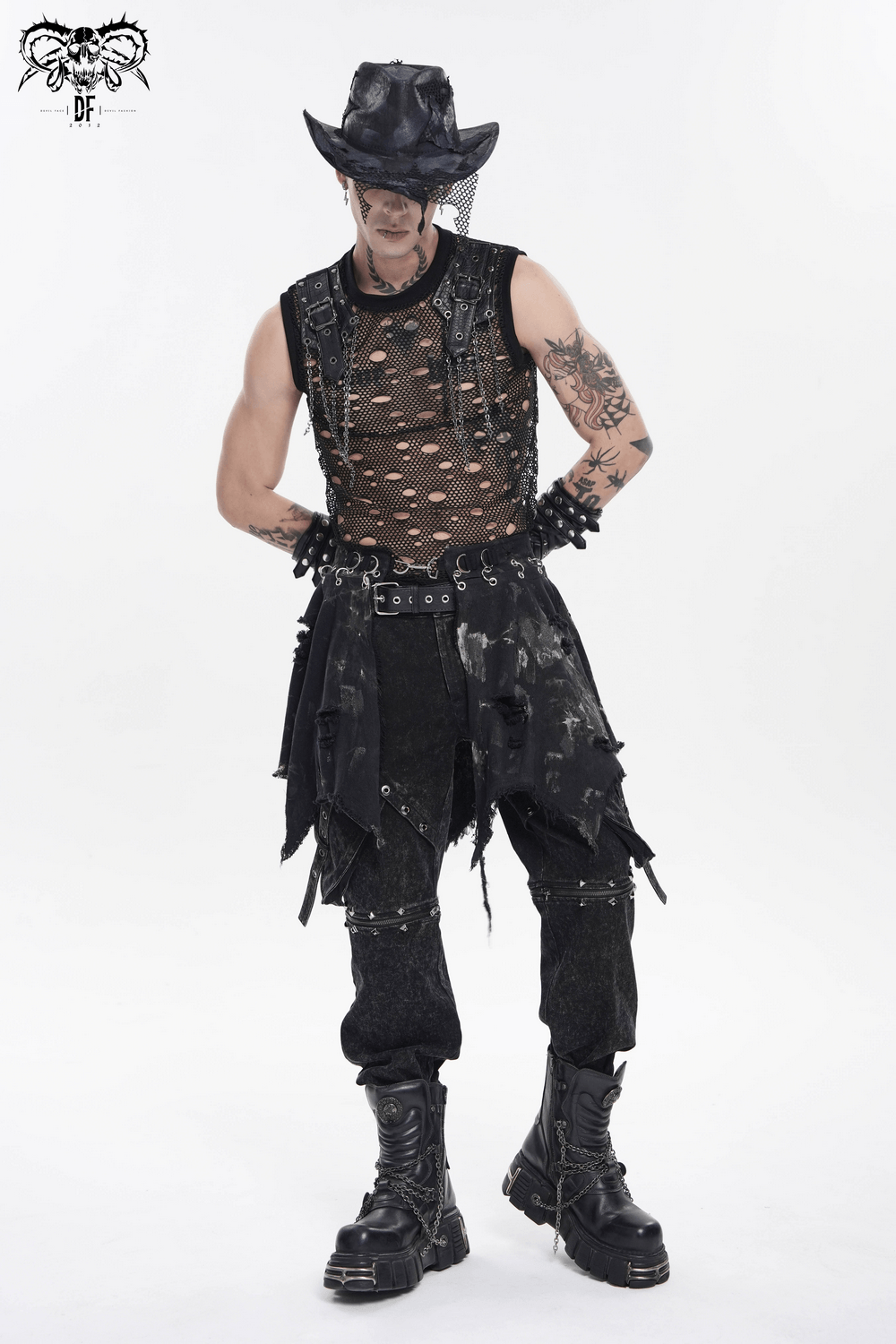 Men's Distressed Punk Waist Skirt With Asymmetrical Hem
