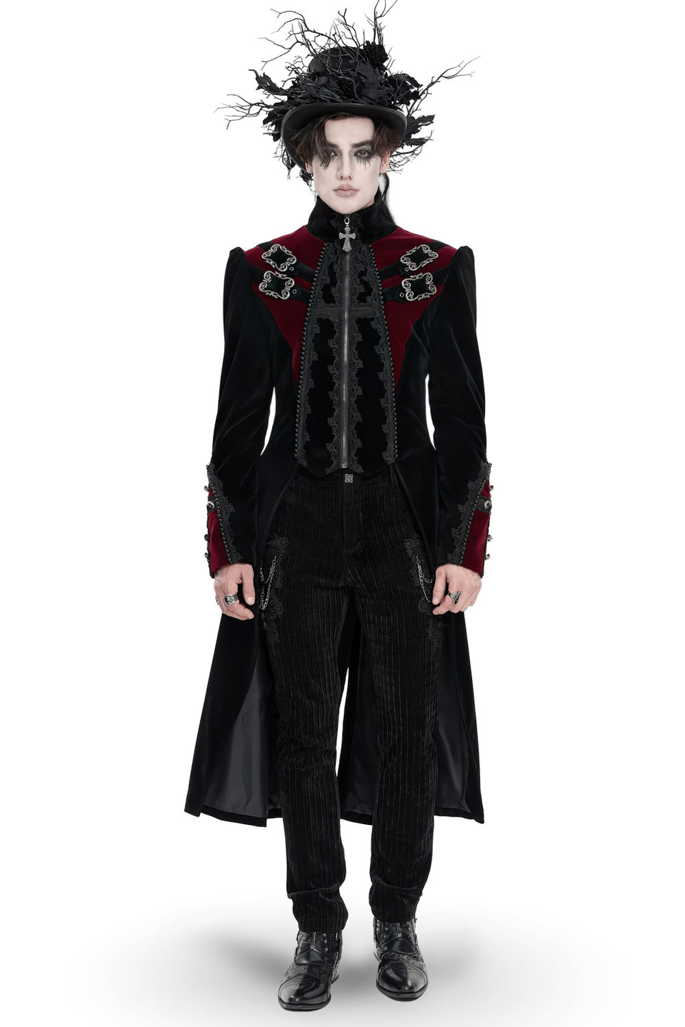 Men's Elegant Black Burgundy Gothic Velvet Tailcoat