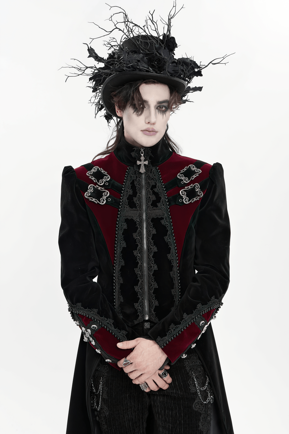 Men's Elegant Black Burgundy Gothic Velvet Tailcoat