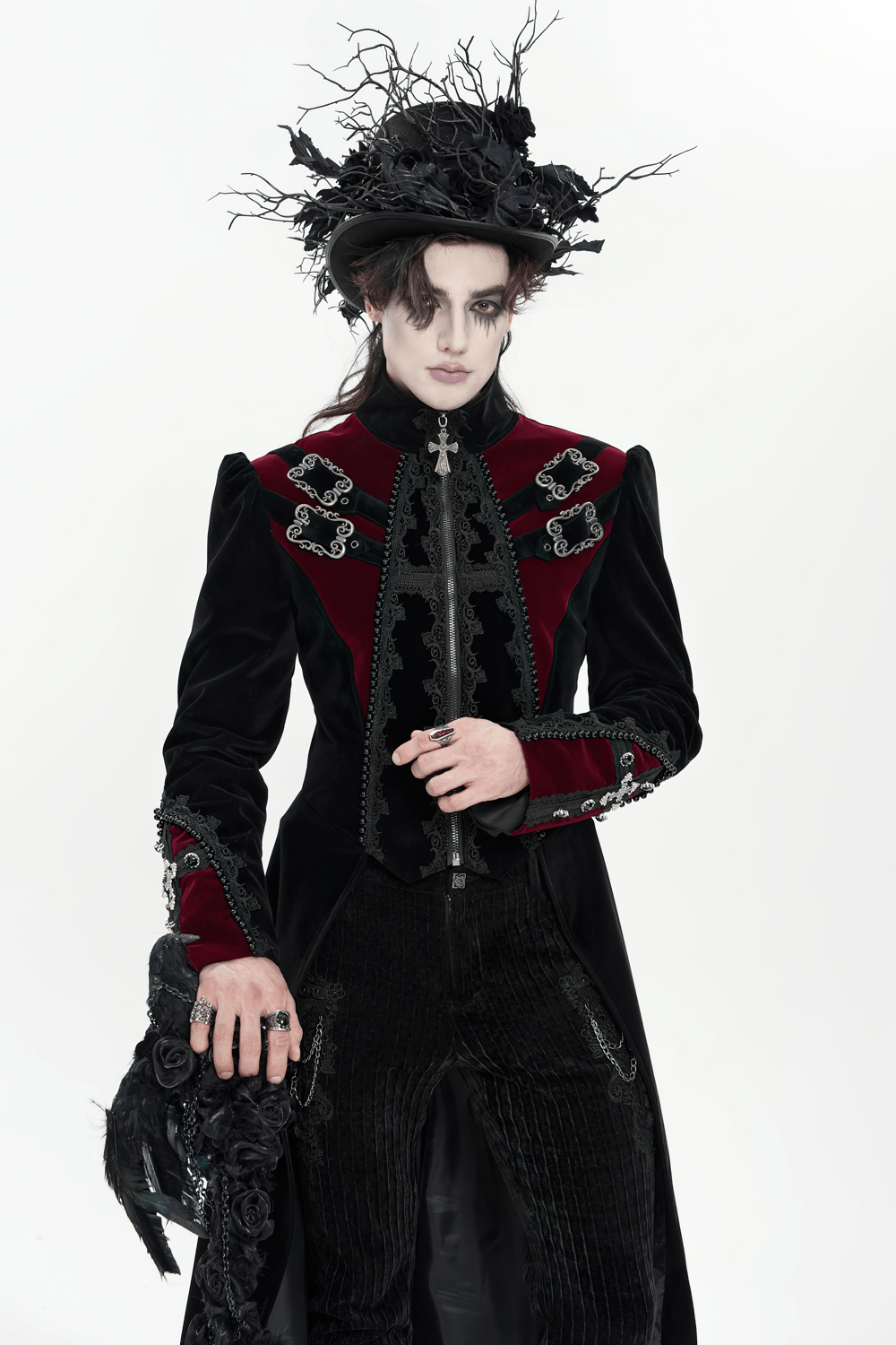 Men's Elegant Black Burgundy Gothic Velvet Tailcoat