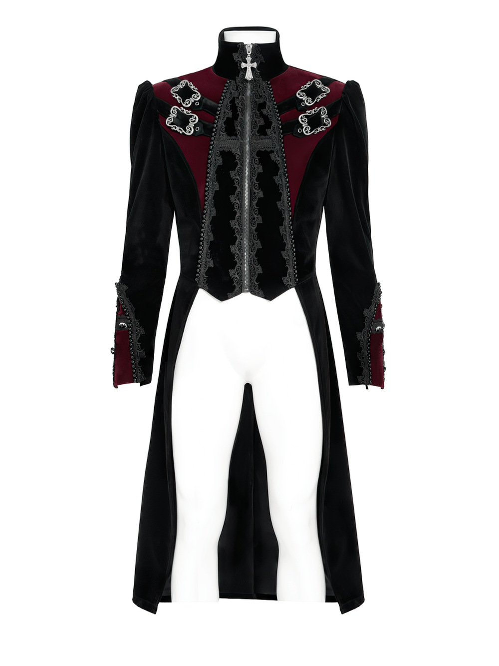 Men's Elegant Black Burgundy Gothic Velvet Tailcoat