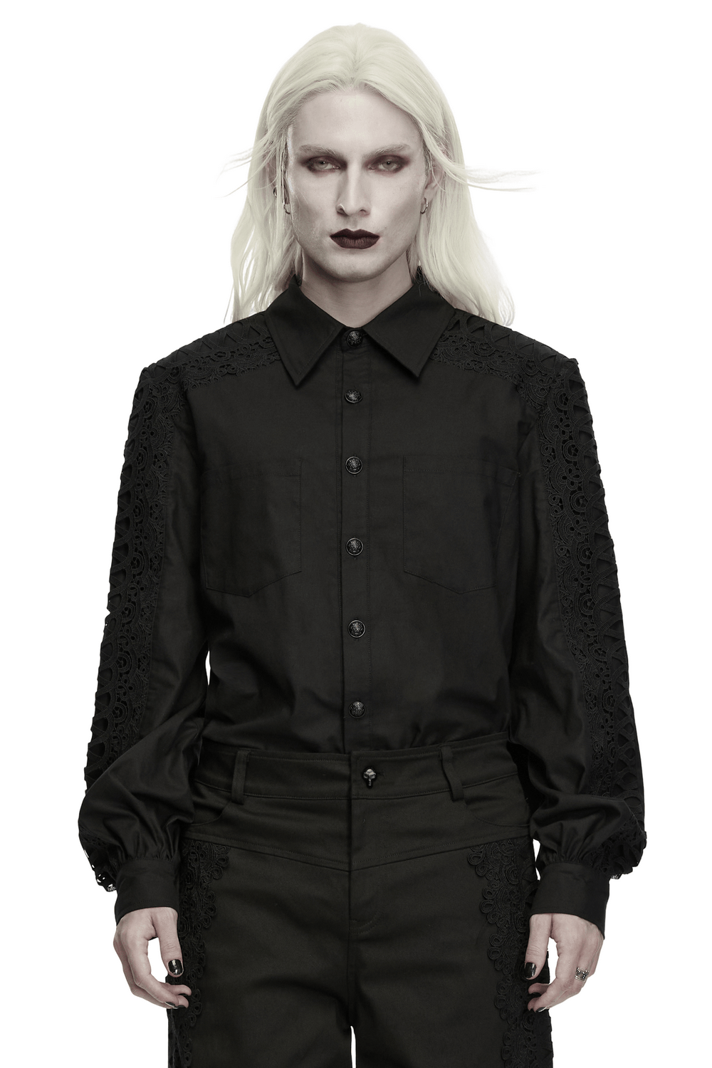 Men's Gothic Black Button-Up Shirt with Lantern Sleeves