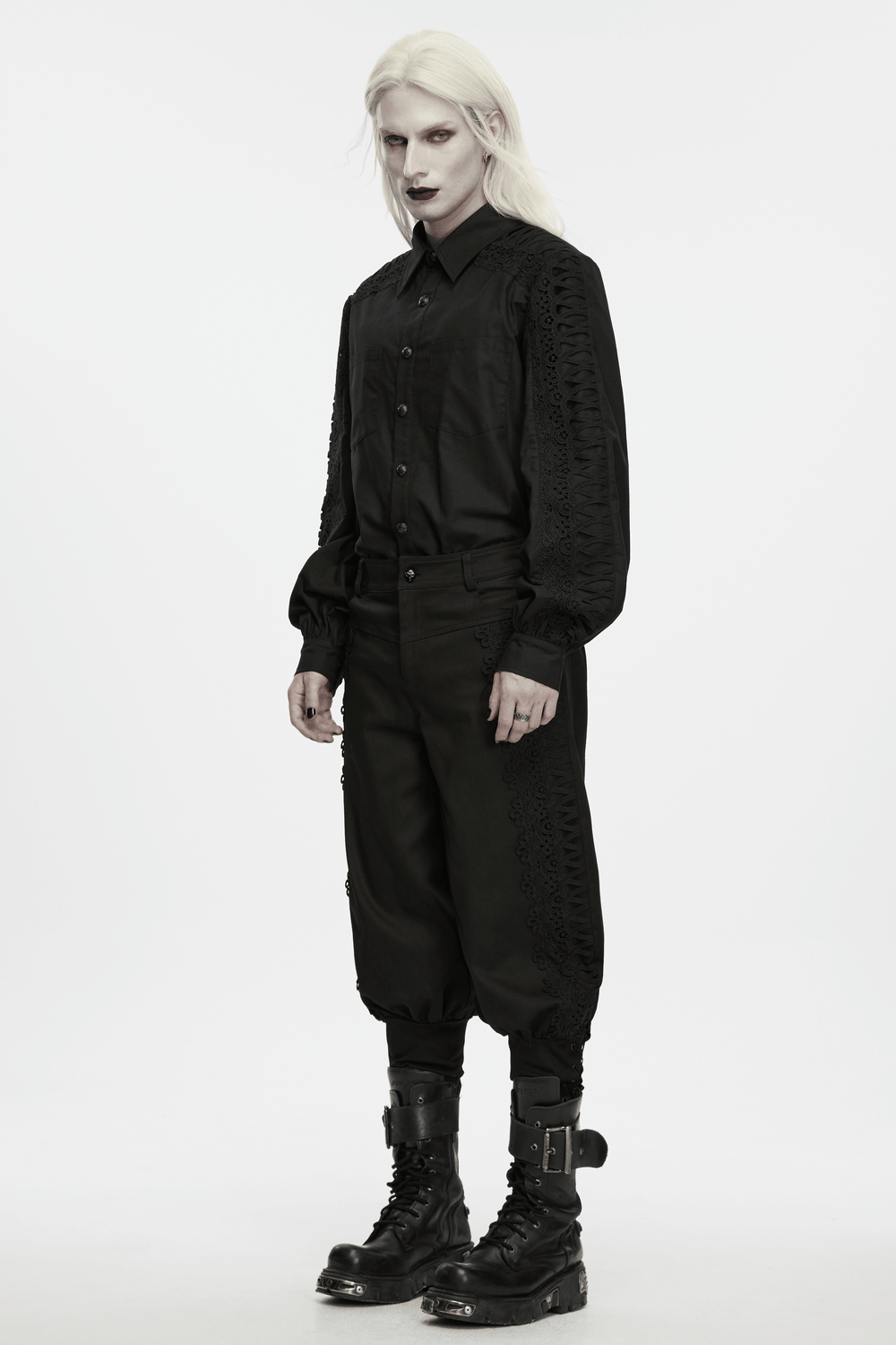 Men's Gothic Black Button-Up Shirt with Lantern Sleeves