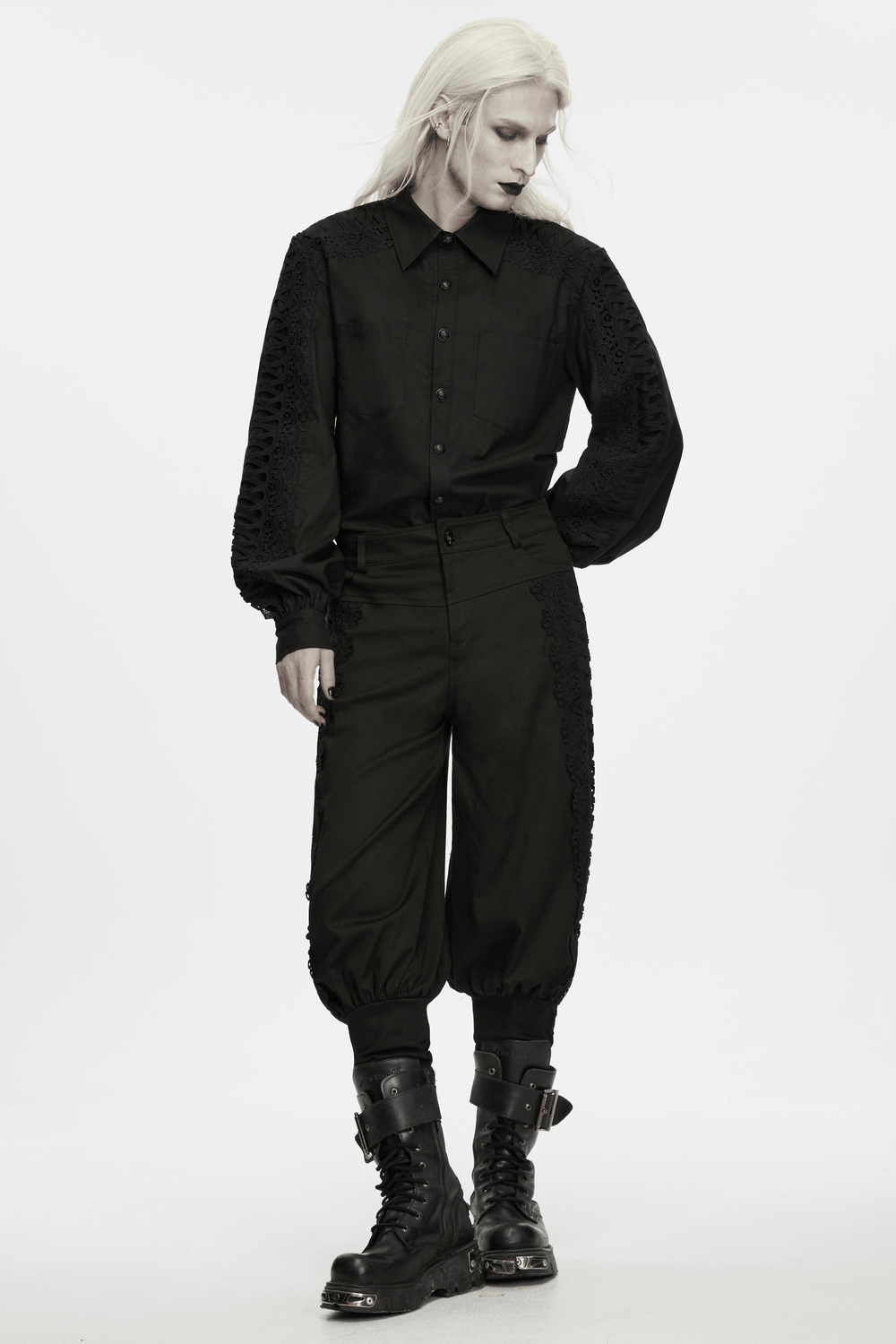 Men's Gothic Black Button-Up Shirt with Lantern Sleeves