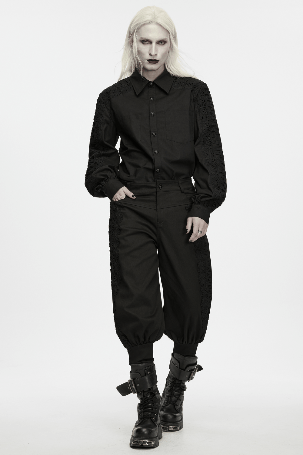 Men's Gothic Black Button-Up Shirt with Lantern Sleeves