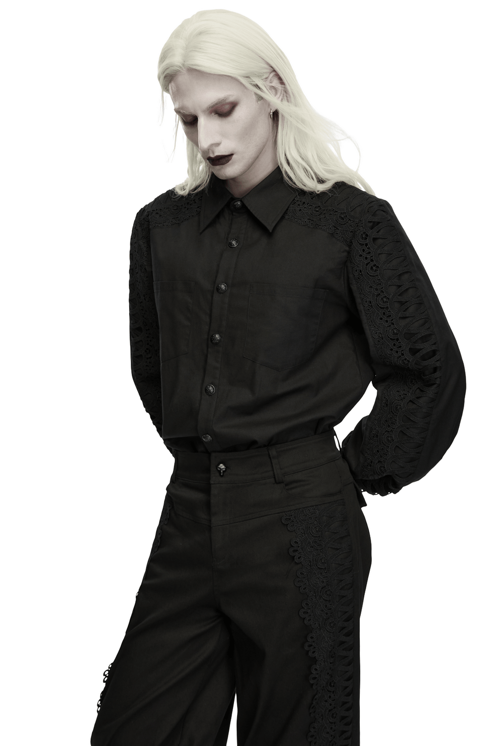 Men's Gothic Black Button-Up Shirt with Lantern Sleeves