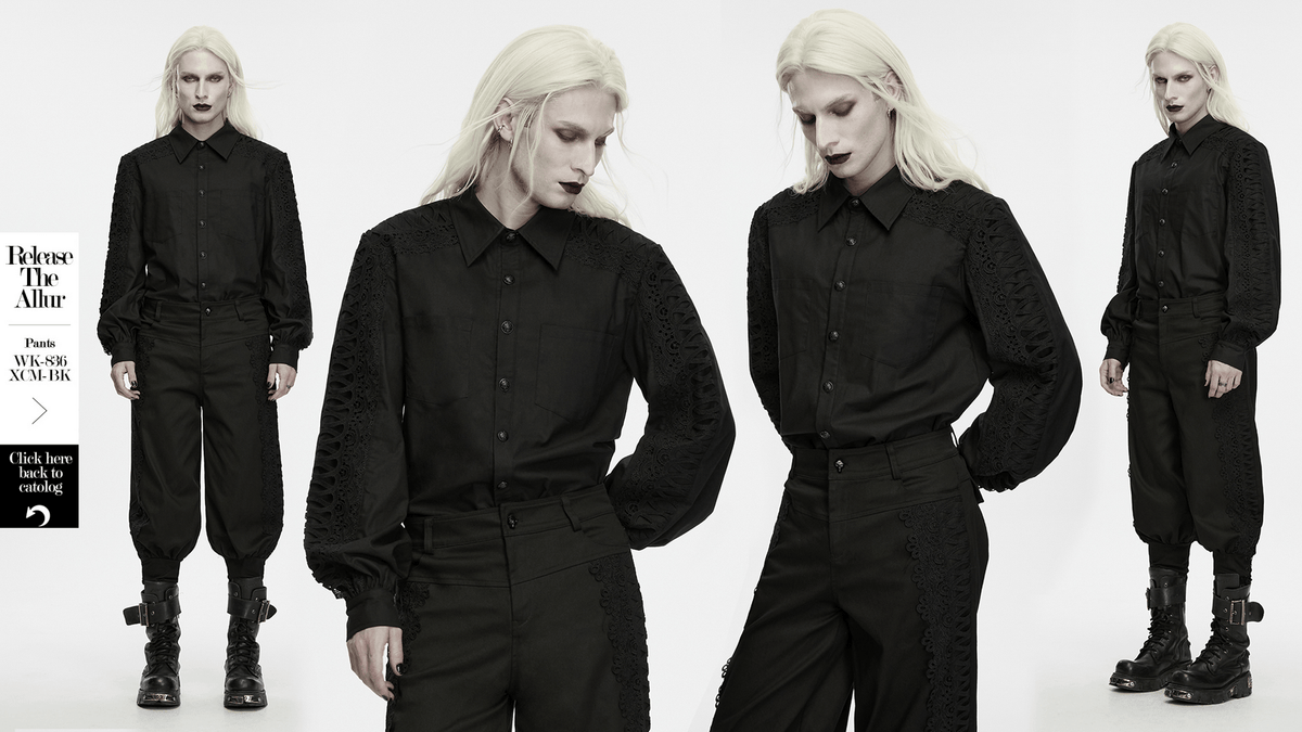 Men's Gothic Black Button-Up Shirt with Lantern Sleeves