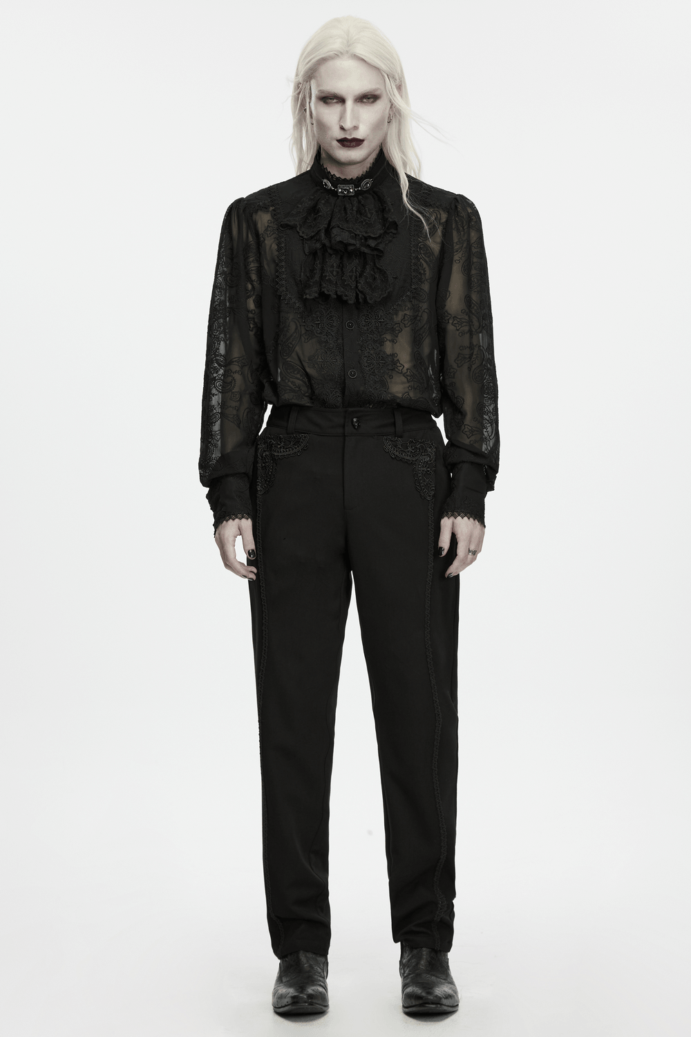 Men's Gothic Embossed Trim Tailored Black Trousers