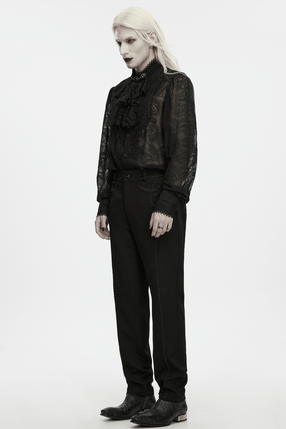 Men's Gothic Embossed Trim Tailored Black Trousers