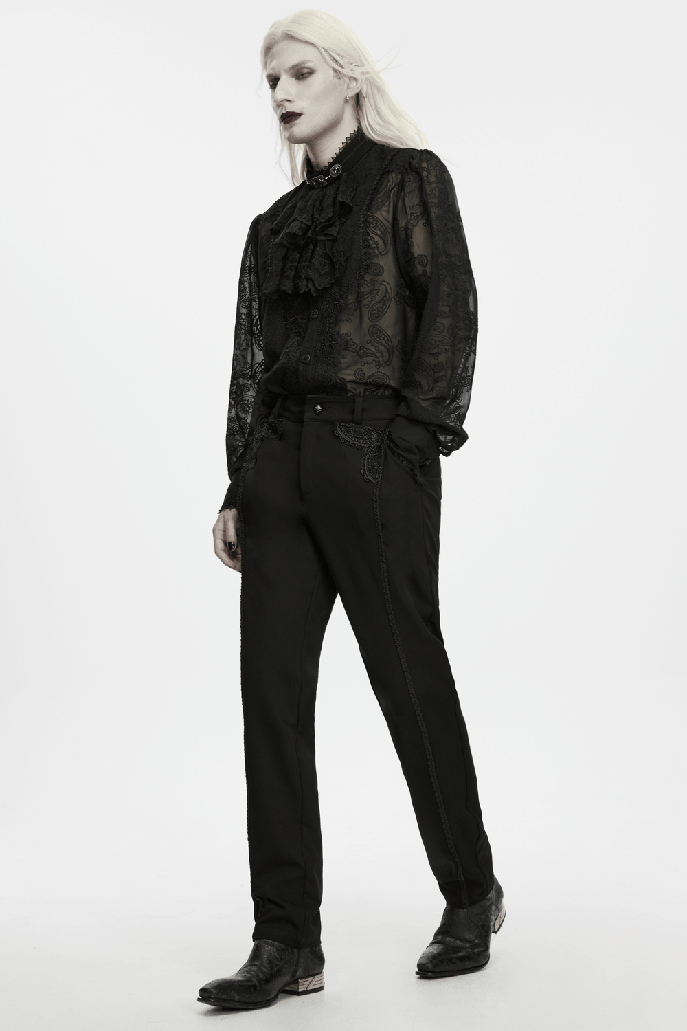 Men's Gothic Embossed Trim Tailored Black Trousers