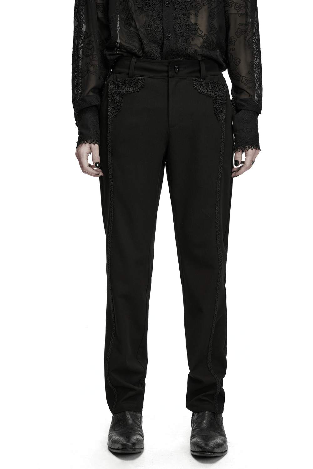 Men's Gothic Embossed Trim Tailored Black Trousers