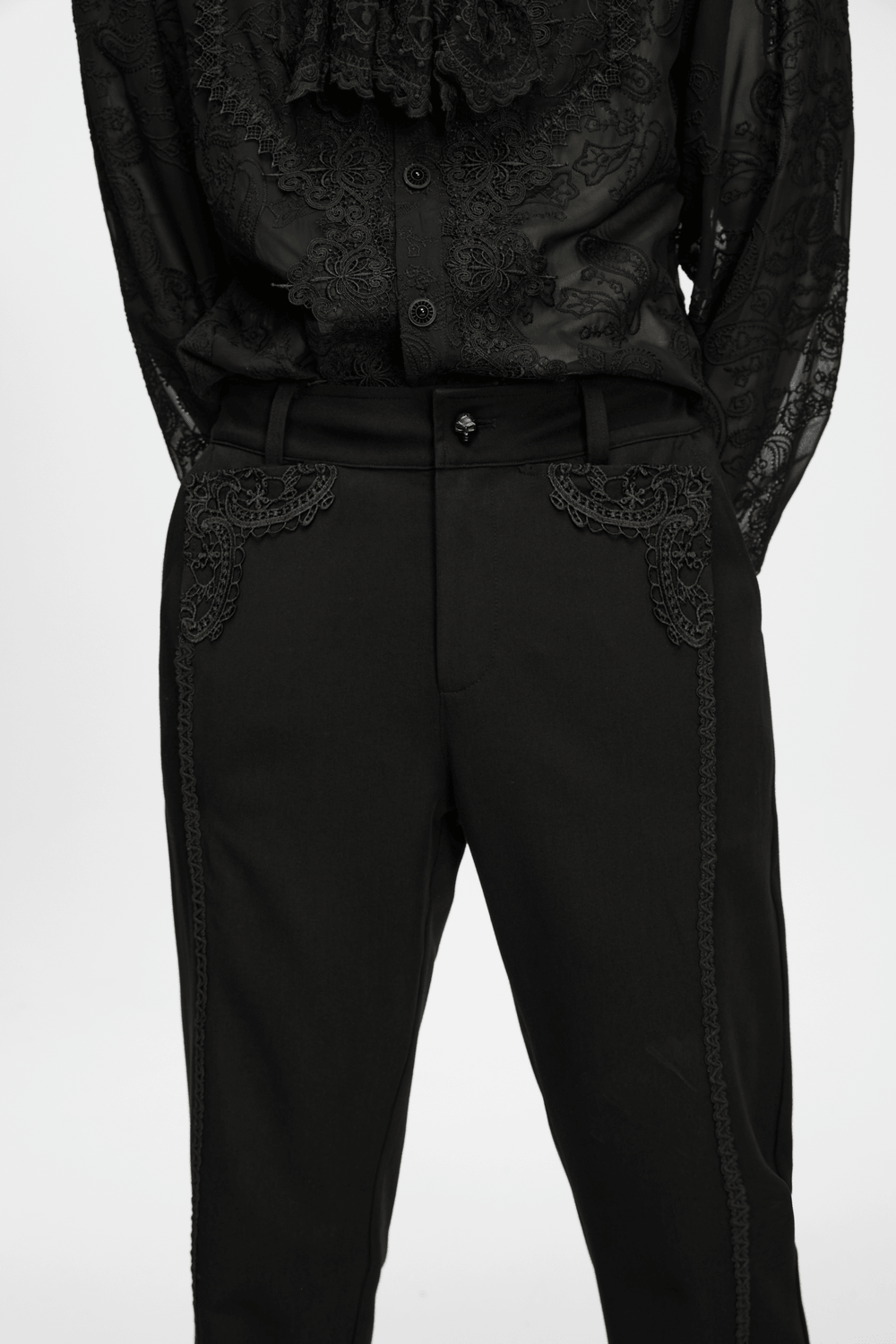 Men's Gothic Embossed Trim Tailored Black Trousers