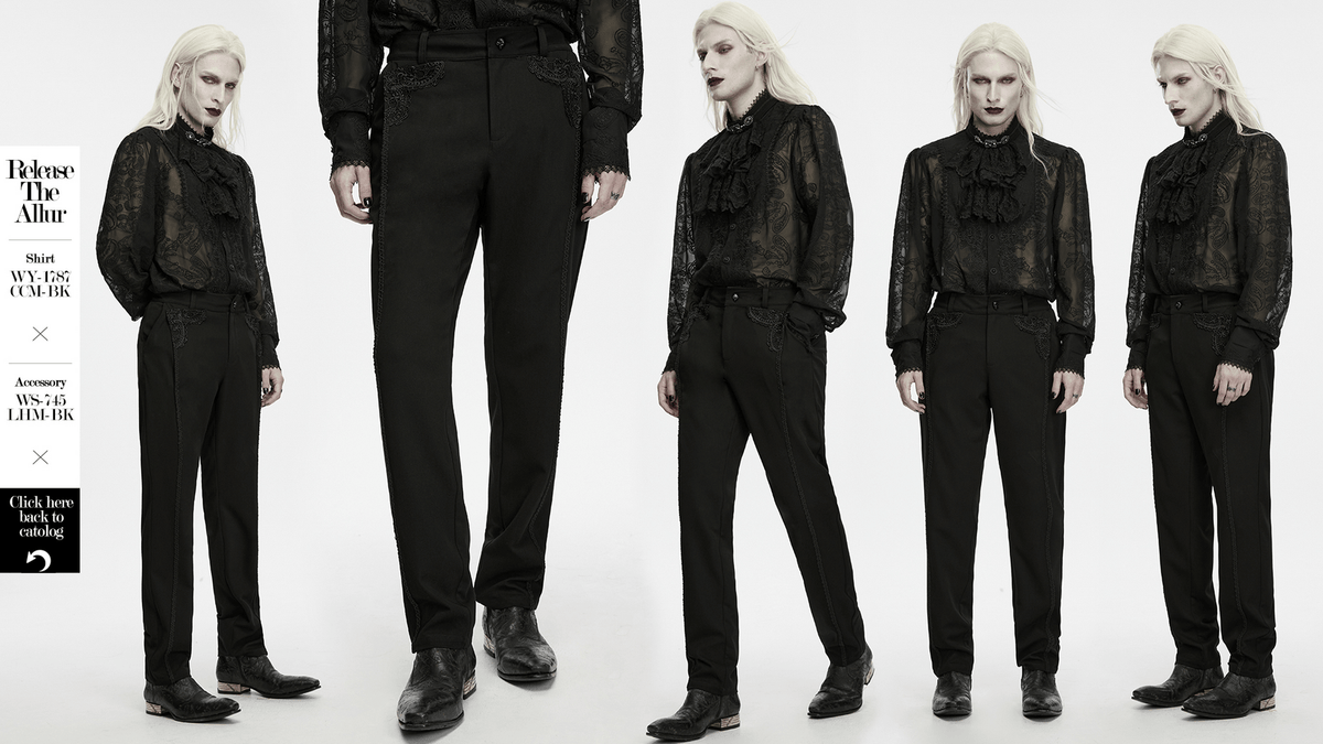 Men's Gothic Embossed Trim Tailored Black Trousers