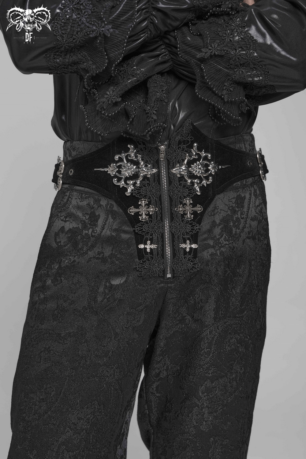 Men's Gothic Embroidered Pants with Lace-Up and Zip Front