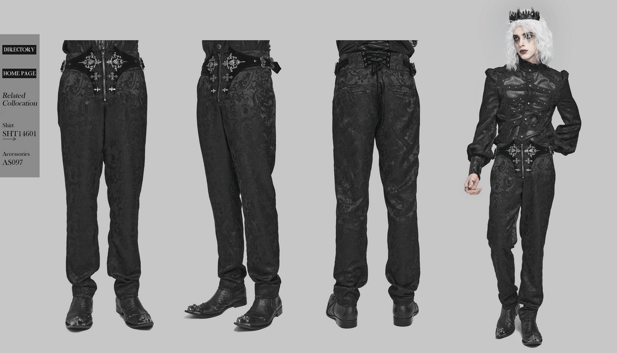 Men's Gothic Embroidered Pants with Lace-Up and Zip Front