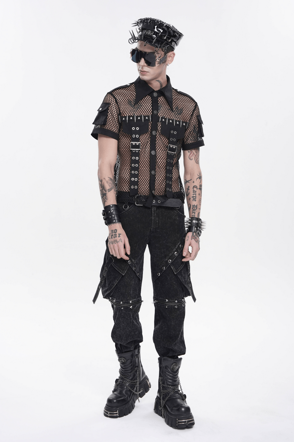 Men's Gothic Fishnet Shirt with Studded Buckles