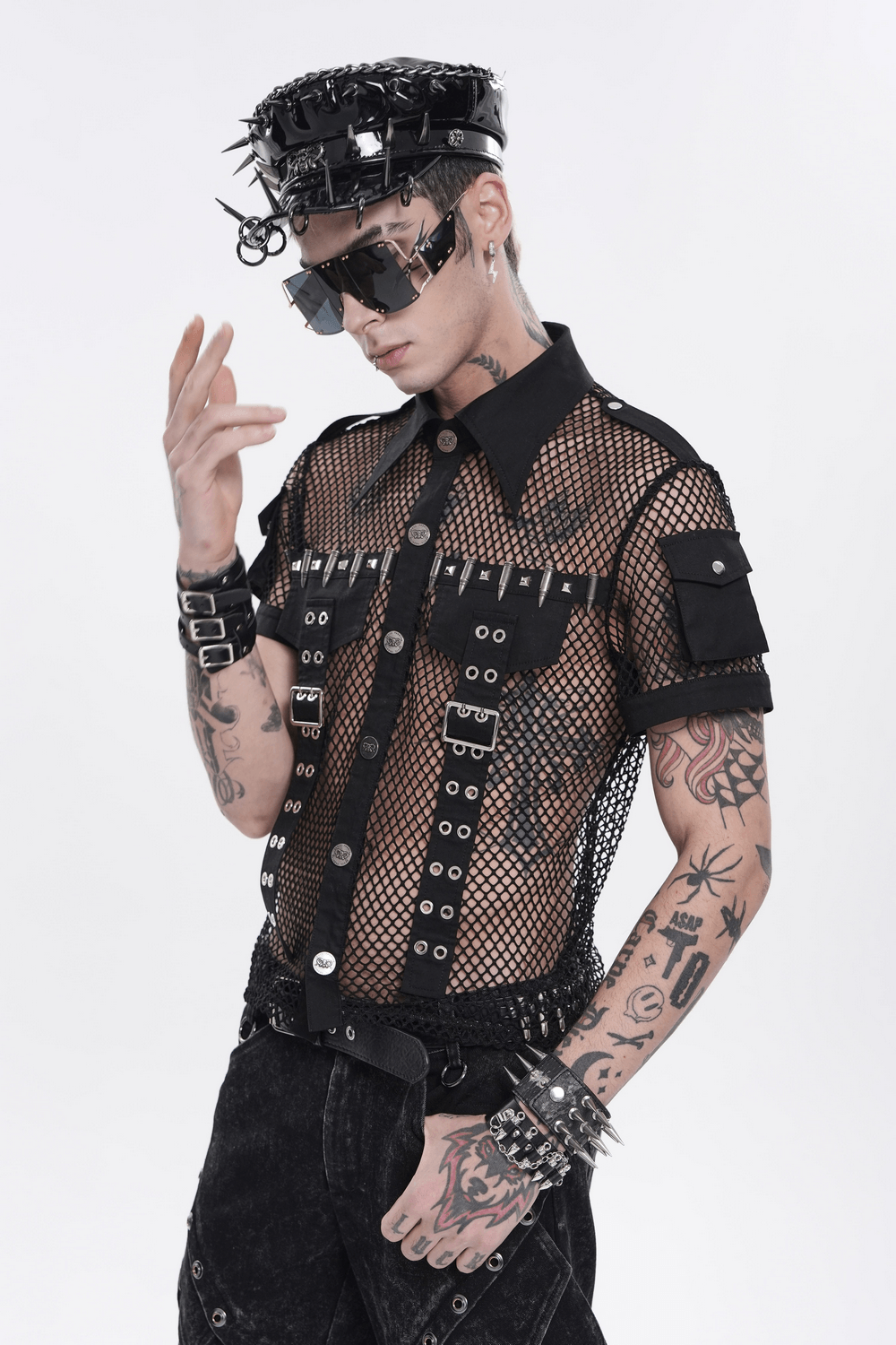 Men's Gothic Fishnet Shirt with Studded Buckles