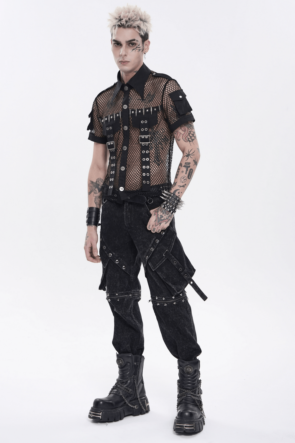 Men's Gothic Fishnet Shirt with Studded Buckles