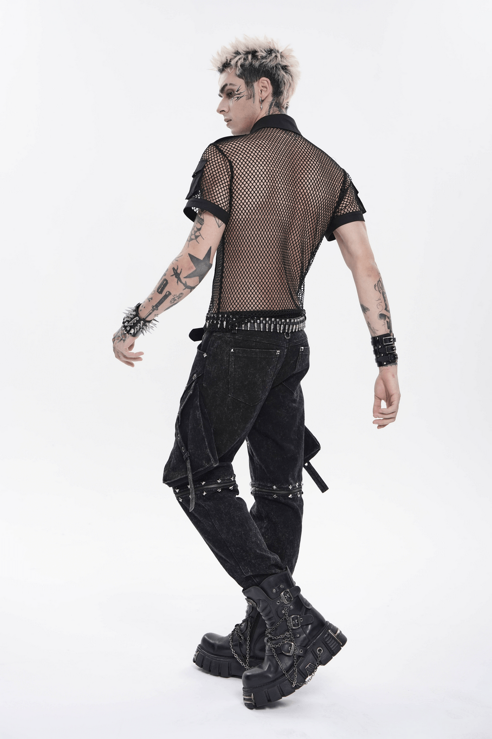 Men's Gothic Fishnet Shirt with Studded Buckles