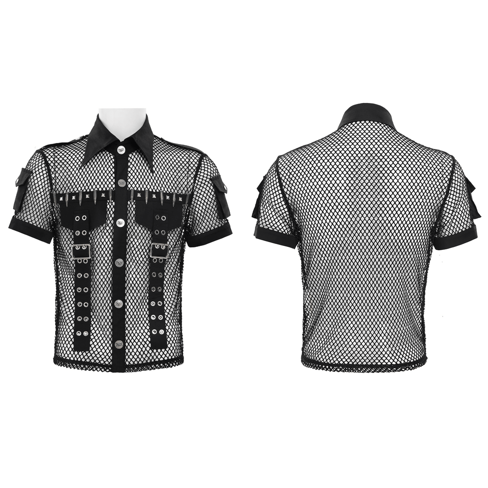 Men's Gothic Fishnet Shirt with Studded Buckles