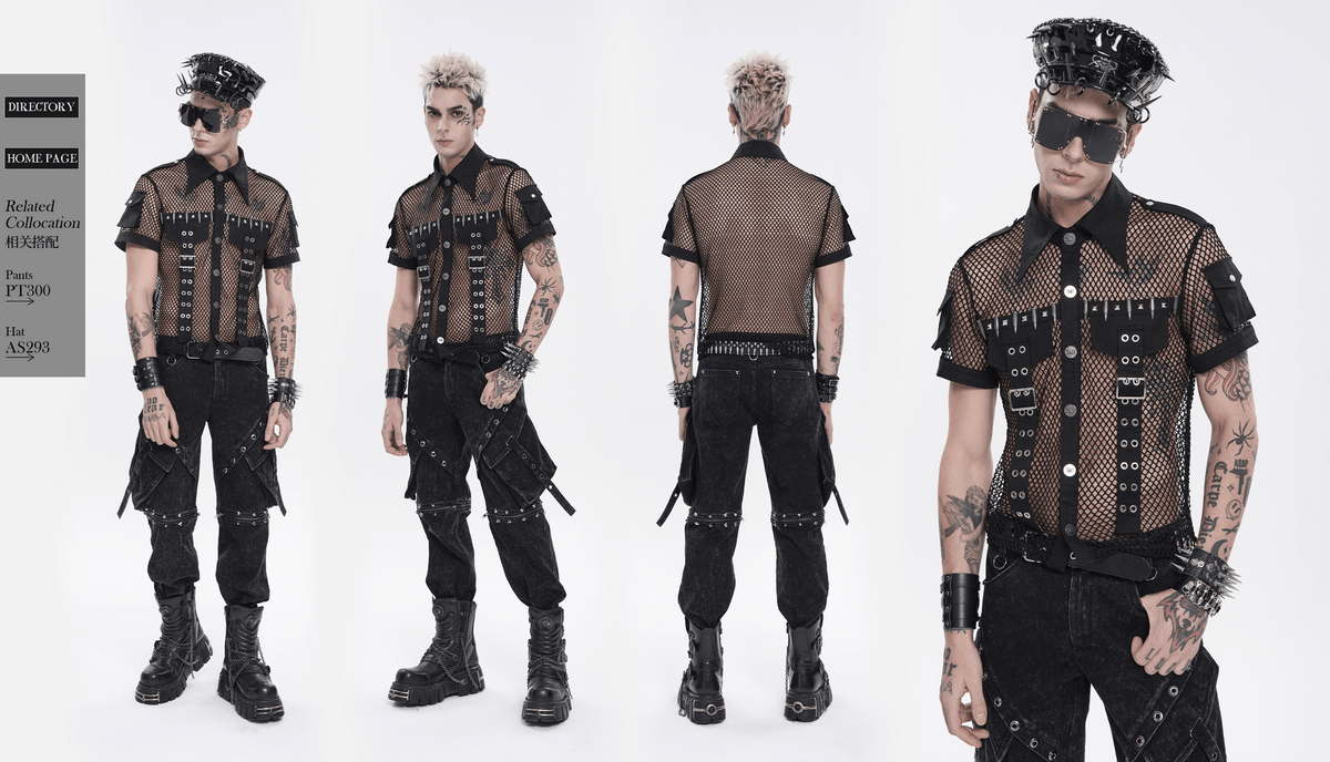 Men's Gothic Fishnet Shirt with Studded Buckles