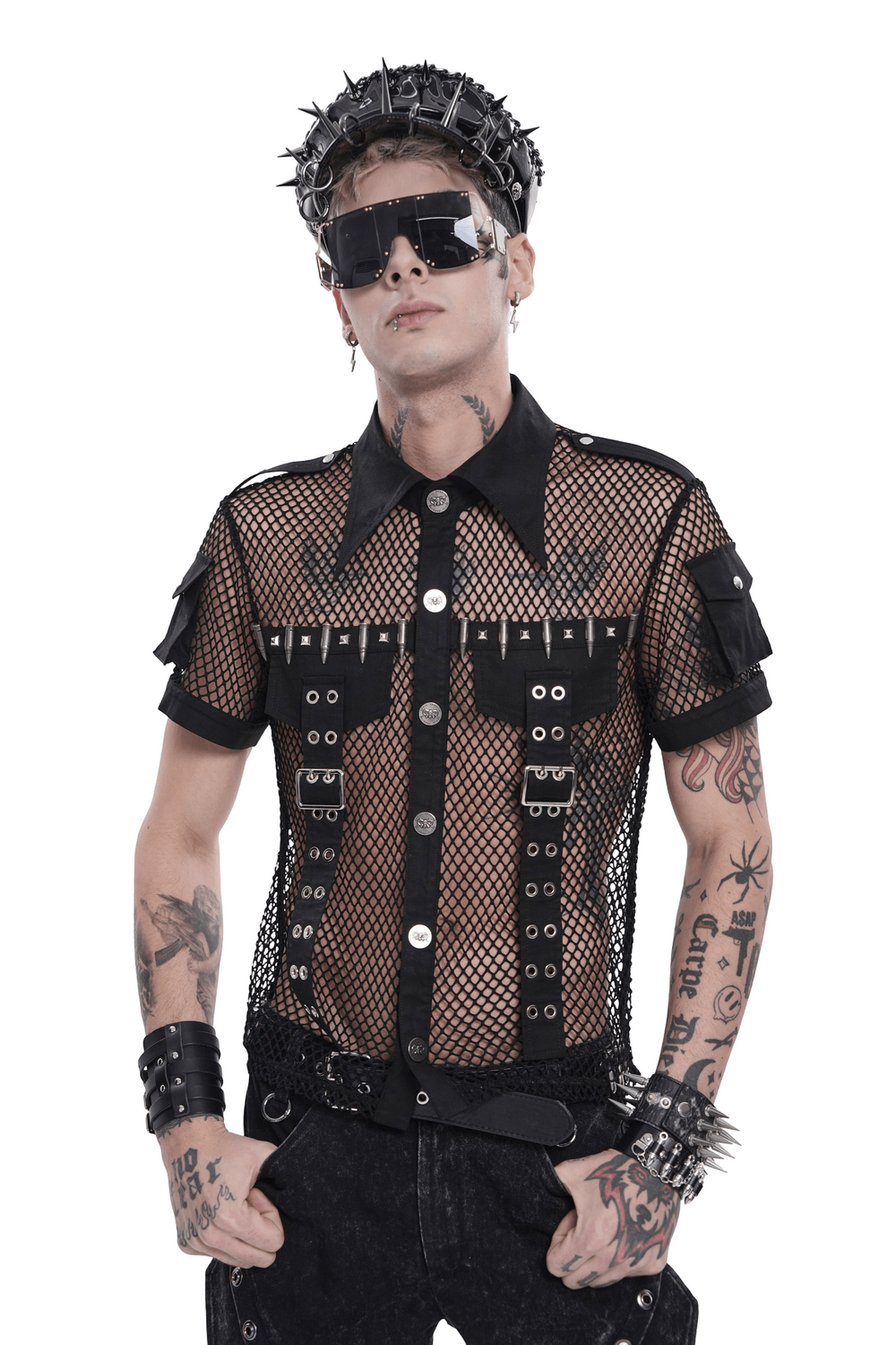 Men's Gothic Fishnet Shirt with Studded Buckles